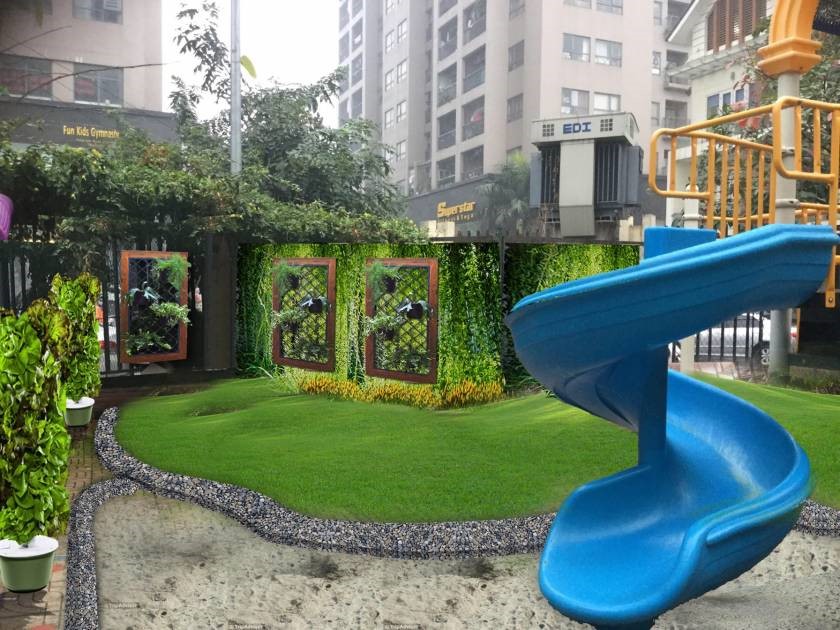 Thi công cỏ nhân tạo khu vực vui chơi của trẻ