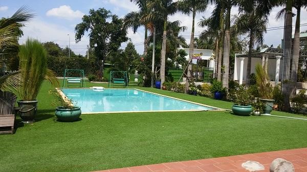Hồ bơi được trang trí tiểu cảnh và thảm cỏ nhân tạo